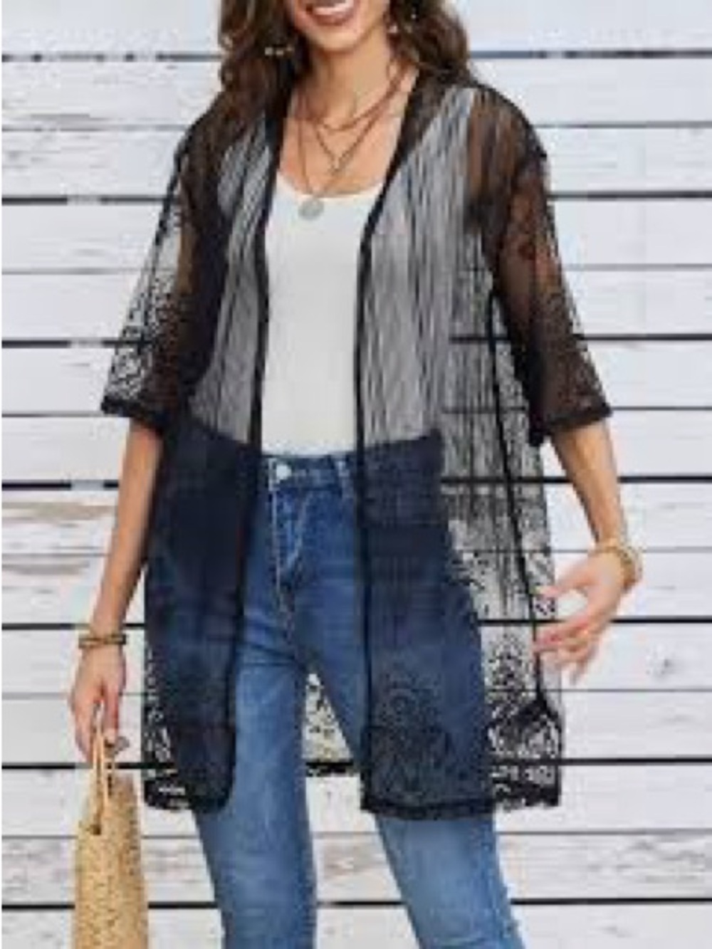 EMBER Sheer Lace Kimono Cover-Up - Black Size M